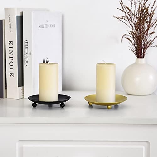 Pilikoll 4 Pcs Iron Pillar Candle Plate Black & Gold Candle Holder Plates 10cm Round Metal Candle Plates Candlestick Stand for Incense Cones, Wedding, Party, Bedroom, Home, Decoration