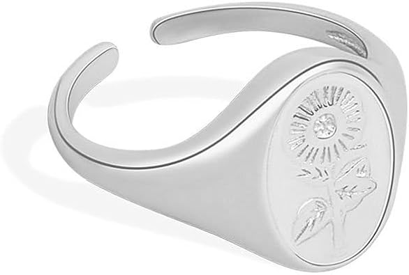 Flower Signet Ring, Floral Pinky Ring for Women Sun Flower Pattern Signet Style Wedding Engagement Promise Anniversary Ring, Minimalistic Statement Ring Jewelry