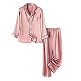 PythJooh Girls Satin Pyjamas Sets Girls Boys Long Sleeve Button-Down Pjs Set 2PCs Silky Nightwear Sleepwear for 3-14Years