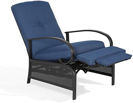 PATIO TREE Adjustable Outdoor Reclining Lounge Chair Patio Recliner Chair with Strong Extendable Metal Frame and Removable Cushions for Outdoor Reading or Relaxation (Navy)