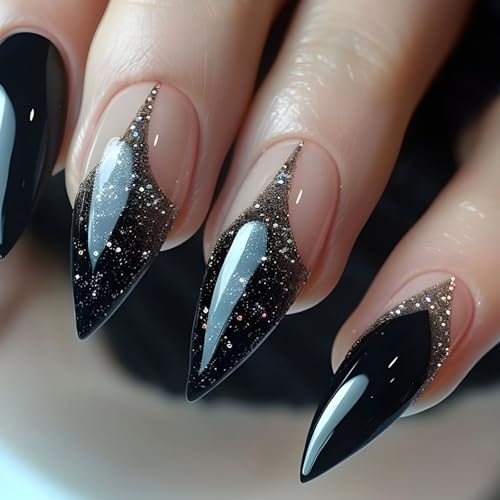 French Tip Press on Nails Black Glitter Fake Nails Long Stiletto False Nails Almond Glue on Nails Acrylic Nails Glossy Full Cover Stick on Nails for Coquette Women Girls Quick Manicure Kit 24Pcs