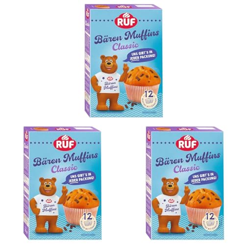RUF Bärchen Muffins Classic, Backmischung für 12 fluffige Muffins mit Schoko Flocken, inkl. Bären Sammelfigur und Muffinförmchen, ideal für Kinder, Familien & Geburtstage (Packung mit 3)