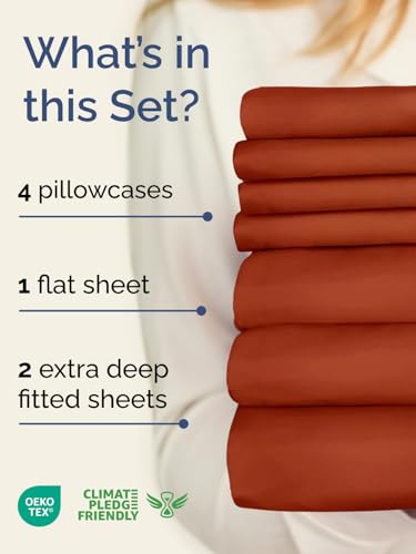 Image of Extra Deep Split King Sheet Set - 7 Piece Breathable & Cooling - Terracotta | Hotel Luxury Bed Sheets Set, Easy & Secure Fit, Ultra-Soft, Wrinkle & Fade Free, Comfy Sheets Set with Extra Deep Pockets