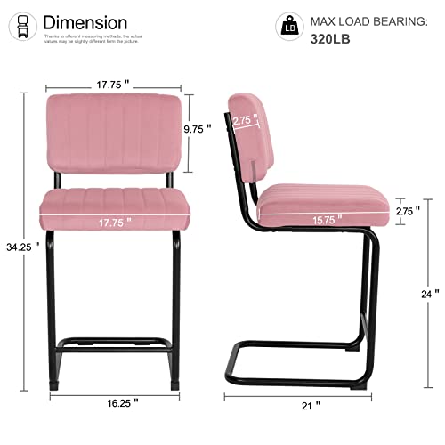 Sunseen Counter Height Bar Stools Set Of 2, Velvet Mid-Century Modern Bar Chairs With Cane Backrest, 24 Inch Barstools For Bar, Kitchen Island, Living Room, Pink #TOP2