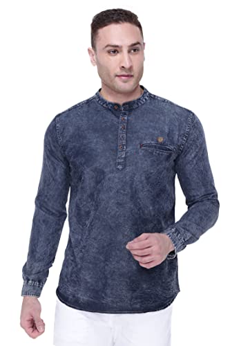 Image of Kuons Avenue Men's Tailored Fit Denim Kurta | Full Sleeves | Mandarin Collar - Stylish Everyday