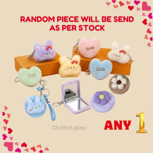 Image of Cute Plush Foldable Mirror Bag Charm for Girls | Bunny & Heart Kawaii Keychain Mirror | Korean Aesthetic Backpack Pendant | Gift for Girlfriend, Daughter & Best Friends (Plush Mirror)