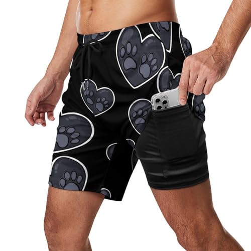 Heart Dog Paws Beach Shorts for Men Swim Trunks Quick Dry Swim Shorts with Compression Liner Pocket2