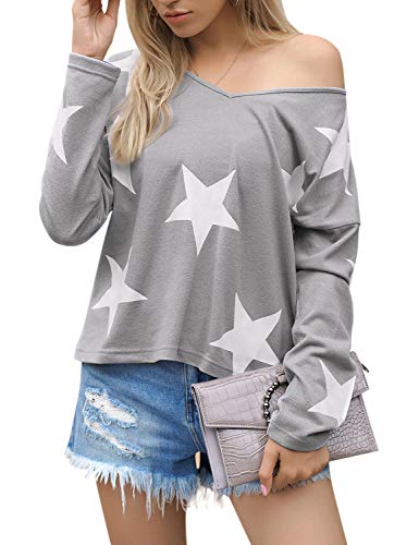 Blooming Jelly Womens Pullover Star Sweater V Neck Long Sleeve Shirt Slouchy Off Shoulder Knit Top (Medium, Grey)