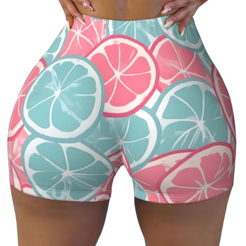 Pink Blue Citrus Slices Pattern Sports Shorts, high Elastic Slim Fitness Pants, Suitable for Yoga/Leisure/Daily wear