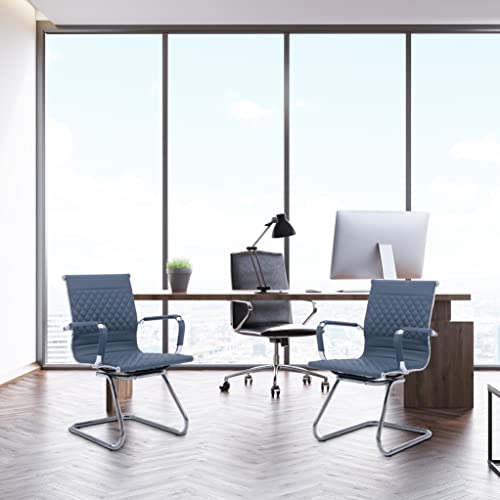 Rivova Office Guest Chairs Set Of 2, Reception Chairs Conference Room Chairs With Arms & Sled Base, Modern Mid Back Pu Leather Computer Chairs Desk Chairs No Wheels, Navy #TOP1