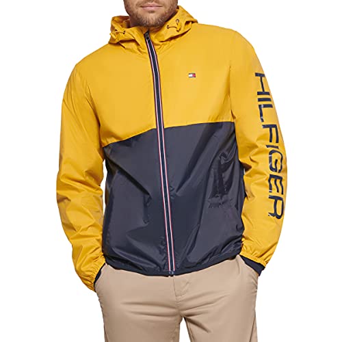 Tommy Hilfiger Men's Lightweight Active Water Resistant Hooded Rain Jacket, Yellow/Navy Colorblock, Large #TOP3