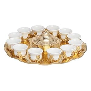 Arabic coffee cups set, Mirra coffee cup set, A set of 12 porcelain cups with a sugar bowl and a tray (Gold)