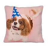 Fabulous Housse de Coussin en Lin - Petit Chien Cavalier King Charles Blanc et Roux avec Chapeau de Fête Bleu Mignon Animaux - 40 x 40 cm