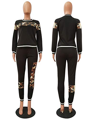 Women's Casual 2 Piece Outfit Camouflage Long Sleeve Pullover Top Bodycon Pants Set Tracksuit Camo-Black Xl #TOP4