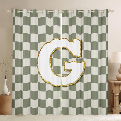 Image of Erosebridal Sage Green Checkered Blackout Curtains for Bedroom Living Room Plaid Initial G Window Curtains 2 Panels 42 inch Wx90 L Personalized Monogram Drapes,Grids Gingham Window Treatments
