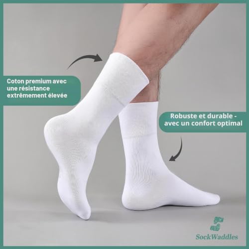 SockWaddles Chaussettes Diabétiques Homme Femme Lot de 6 Paires, 97% Coton, Sans Élastique & Sans Couture, Blanc, Taille 47-50 – vue 7