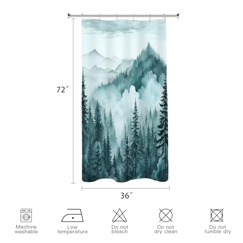 BayNook Small Stall Misty Forest Shower Curtain 36 x 72 Inch, Half Narrow Teal Mountain Shower Curtain, Woodland Tree Nature Landscape Waterproof Fabric Shower Curtain Set with Hooks by BayNook - Image 6
