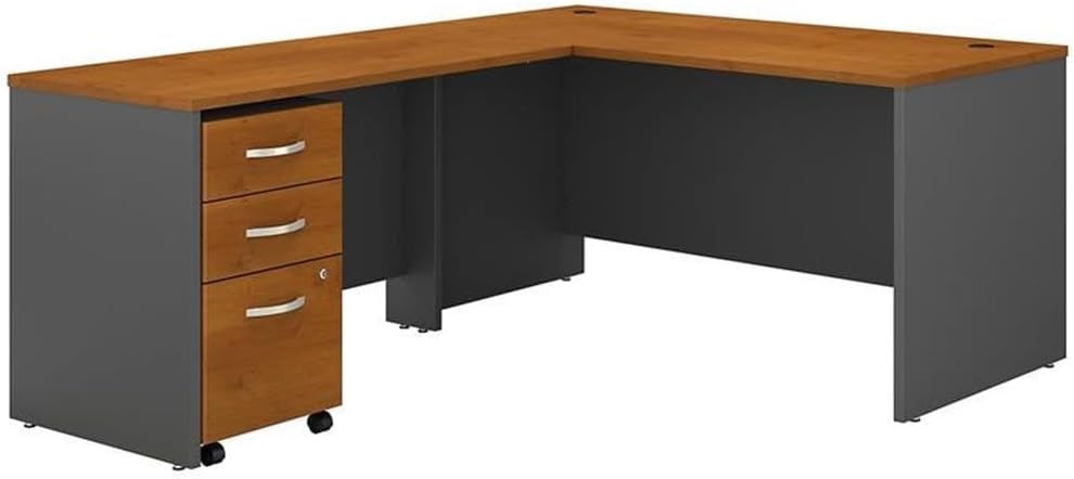 Bush Business Furniture Series C 60W L Shaped Desk with 3 Drawer Mobile File Cabinet in Natural Cherry, Corner Computer Table with Drawers for Professional Office Space