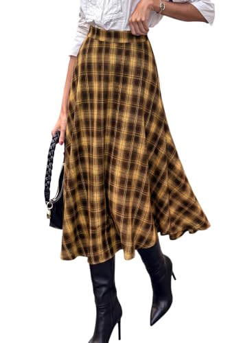 PRETTYGARDEN Women's Plaid High Waisted A-Line Midi Skirts,Brown Yellow,XXL