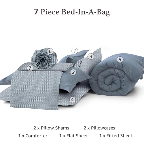 Image of Monbix Full Size Comforter Sets-7 Pieces Soft Bed in a Bag Full Bedding Set | All Season Oxford Blue Prewashed Comforter Bed Set with Striped Sheets, Pillowcases & Shams