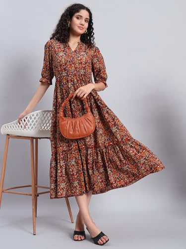 Image of PIDAVLIYA'S Women's Floral Summer Maxi Dress I Cotton Printed I One Piece Bodycon Midi Dress with V-Neck, Puffed Sleeves