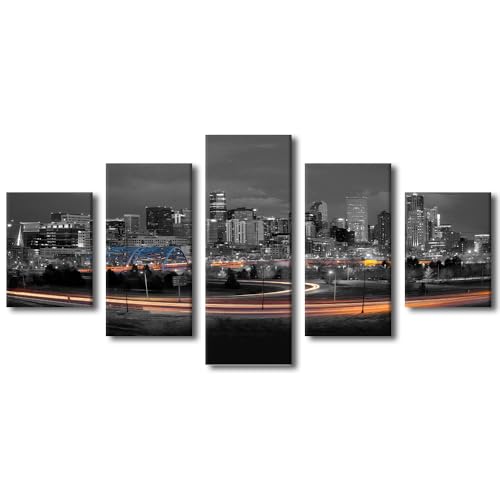 Toile panoramique Denver noir et blanc - Tableau paysage urbain nuit salon 152x81