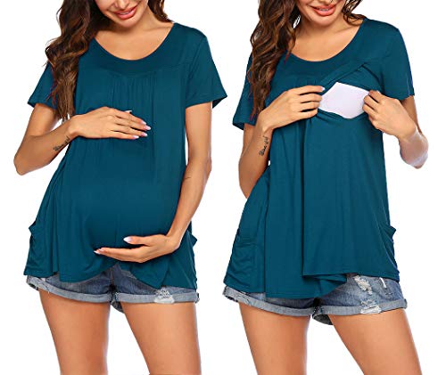Image of Ekouaer Women's Nursing Tops Maternity Shirt for Breastfeeding Double Layer Short Sleeve Pregnancy T-Shirts with Pockets