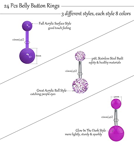 Evelical 24Pcs 14G Stainless Steel Belly Button Rings For Women Girls Acrylic Screw Navel Bars Body Piercing Jewelry #TOP2