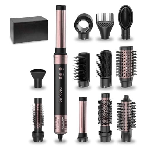 Cecotec Cepillo de Aire Caliente Secador Moldeador Alisador 12 Cabezales Tecnología Coanda CeramicCare 12in1 AirGlam Black. 1400W, Motor Digital, Elimina el Frizz, 3 Temperaturas