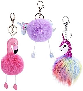 VEYLIN 3 Pack Pompom Unicorn Flamingo Keychains for Women Girls Kids