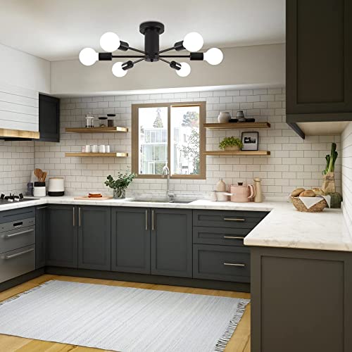 LJHhowe Semi Flush Mount Ceiling Lamp Black 6 Lights Sputnik Chandeliers E26 Base Mid Century Ceiling Light Fixture Modern Chandelier for Dining Room, Foyer, Kitchen, Bedroom, Living Room - Image 6