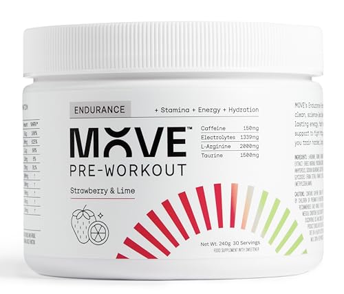 MOVE Pre-Workout Powder Endurance Formula for Men & Women, Beta Alanine Free Preworkout with Electrolytes, Taurine, & L-Arginine. 30 Servings, Informed Sport Certified (240g, Strawberry & Lime)