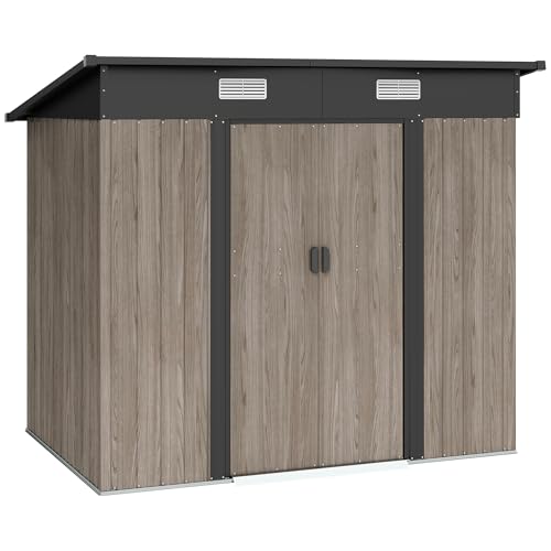 Outsunny 7 x 4ft Outdoor Storage Shed, Lean to Metal Garden Shed with Foundation Kit for Log, Rubbish Bin, Tool, Lawnmower, Bike, Grey Wood Effect