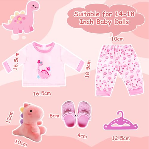 Puppenkleidung für 35-43cm Baby Puppen, 5 Stück Puppenkleidung Outfit, 1 Dinosaurier Oberteil, 1 Hose, 1 Dinosaurier Puppe, 1 Hausschuhe, 1 Kleiderbügel, Puppenkleidungsset für Kinder Mädchen Jungen