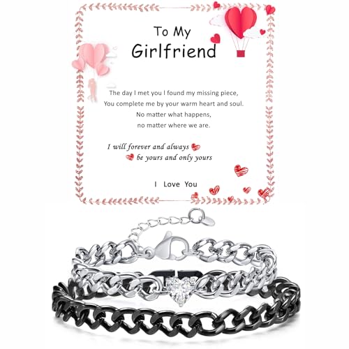 Matching Couple Cuban Chain Bracelets Gifts for Boyfriend Husband Soulmate Girlfriend Valentine Anniversary Birthday Christmas Gift for Him and Her,Adjustable Size - Main Image