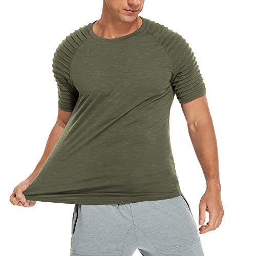 Nitagut Men's Muscle Workout T-Shirt Pleated Raglan Short Sleeve Gym Athletic Fashion Tee Top, Army Green,Xx-Large #TOP4