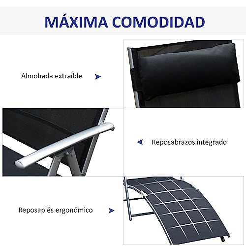 Outsunny Tumbona Plegable Tumbona de Jardín con Respaldo Ajustable en 7 Niveles Almohada y Reposabrazos Carga 165 kg para Piscina Terraza Camping 137x63,5x100,5 cm Negro - imagen 5