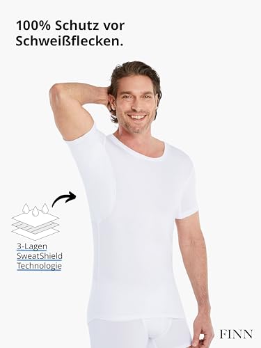 FINN Anti-Schweiß Shirt Herren mit Rundhals und integrierten Achselpads gegen Starkes Schwitzen - Unterhemd mit garantiertem Schutz vor Schweißflecken und Schweißgeruch Weiß Weiss L
