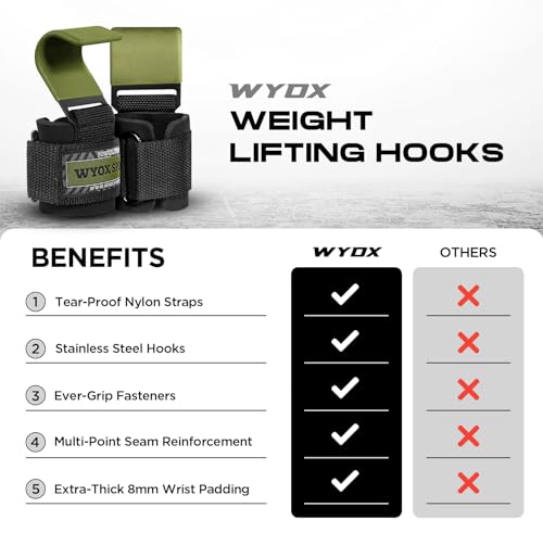 Image of WYOX Weight Lifting Hooks for Men & Women - Heavy Duty Gym Hooks with 8mm Padded Wrist Support Grips to Lift Heavier, Reduce Grip Fatigue & Improve Performance for Deadlifts, Pull Ups & Rows, Pair of 2