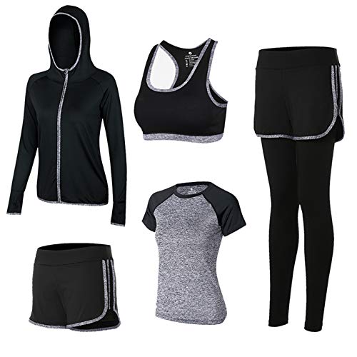 5 peças/conjunto feminino para ioga, academia, calça cropped de compressão, atlética, manga curta/co