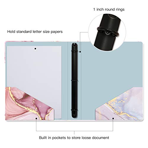 Image of 3 Ring Binder 1 Inch Ring, Fashion Design Binder for School, Home, Students, Women, Cute Custom Pattern with Hold Letter Size Interior Pockets,Pink Marble