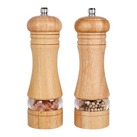 Haomacro Salt and Pepper Mill Set, Wooden Salt and Pepper Grinders, Salt and Pepper Shakers with Acrylic Visible Window, Ceramic Grinding Core, Pack of 2 (6inch, Beige) Cover