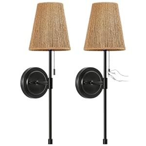 Wall Sconces Set of 2 Retro Industrial Wall Lamps with Pull Chain Bathroom Vanity Sconces Wall Lighting with Rattan Fabric Shade Indoor Wall Lights for Bedroom Living Room Corridor Kitchen Woven