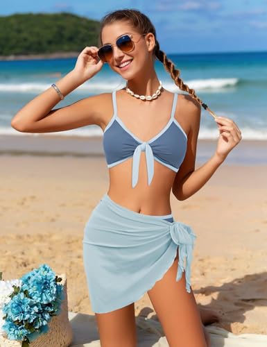 Image of Girls Swimsuit Bikini Set and Cover Up Skirt 3PCS Bathing Suit Removable Knot Dual-Use Girls Swimsuits Size 7-16
