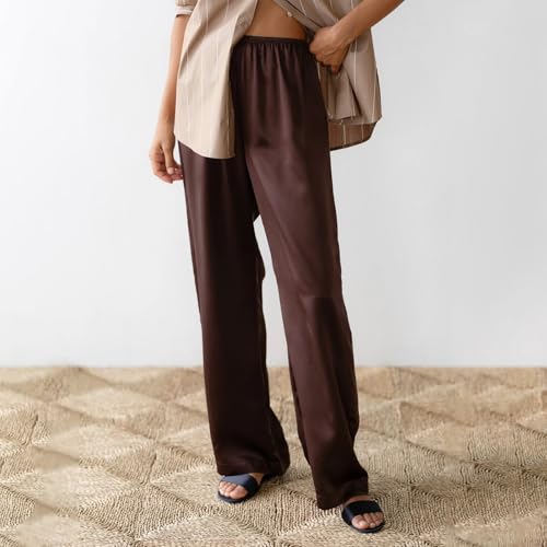Women Y2K Satin Wide Leg Pants Elastic Waist Solid Color Silk Wide Leg Lounge Pants Office Ladies Work Trousers3