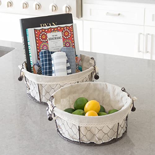 Stonebriar 2Pc Round Metal Serving Basket Set With Decorative Fabric Lining, Rustic Serving Trays For Parties, Centerpiece For Coffee Or Dining Table, Document Organizer For Office Or Kitchen #TOP4
