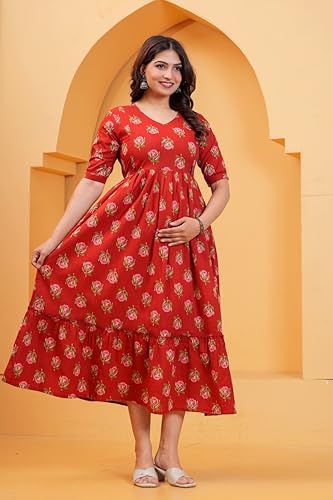 Image of THE Moon Star Women's Cotton Floral Printed Anarkali Maternity Feeding Kurti | Breastfeeding Dress for Mothers | Zipper Feeding Kurti, Nursing Kurti, Comfortable and Trendy Maternity Wear
