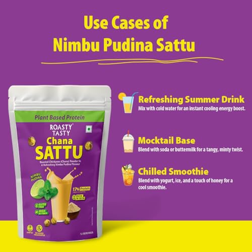 Image of Roasty Tasty Chana Sattu Powder | Nimboo Pudina Flavor | Plant Based Protein | Energy Booster | High in Protein | High in Fiber | Healthy Food | Roasted Chana | Sattu Atta | Gluten Free | 250 gm
