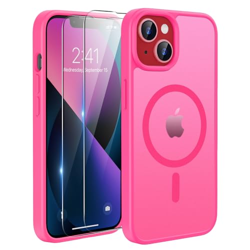 TQIAHF Magnetica Cover per iPhone 13 / iPhone 14 con 2 Pellicola Vetro Temperato Protezione Schermo Compatibile con Magsafe Case Militare Antiurto Sottile Opaca Telefono Custodia,Rosa Rossa