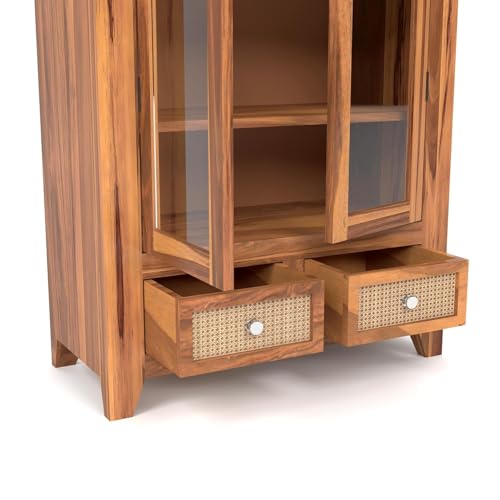 Image of Solid Sheesham Wood Book Cabinet with Acrylic Glass Doors | Rosewood Display Storage Unit with Shelves & Drawers for Home & Office | Louge (B-Honey)